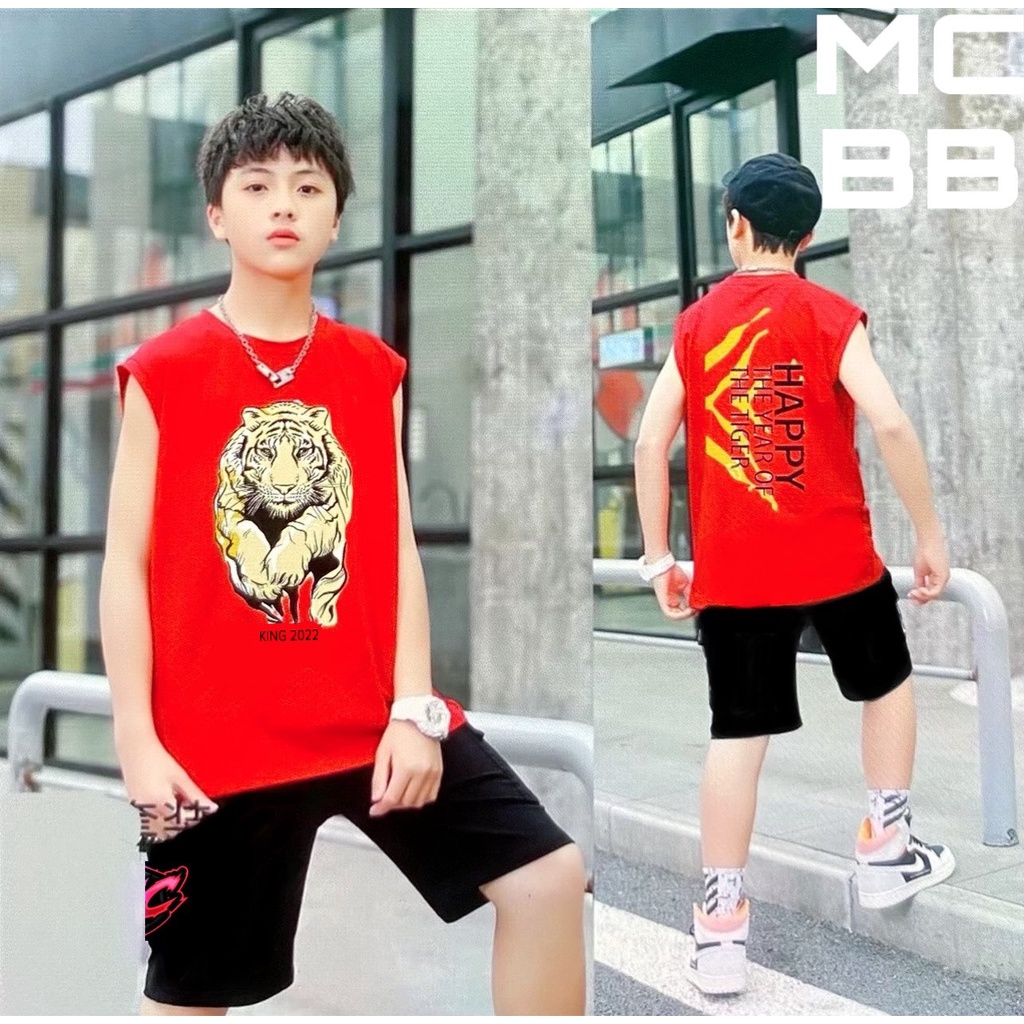 MCBB 24-48 Kg 100% Vải Cotton Đồ Bộ Bé Trai Bộ Ba Lỗ Áo Sát Nách Bé Trai Quần Đùi Short Túi Hộp Thun Quần Áo Bé Trai Nam
