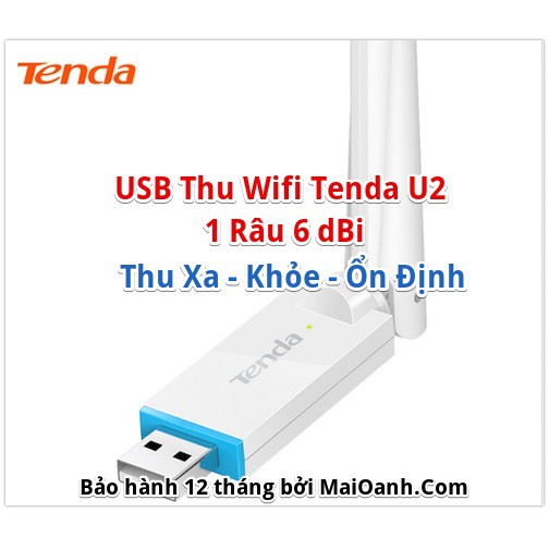 Tenda U2 - Usb Thu Wifi Cho Máy Tính Tốc Độ 150mbps 1 Anten 6 Dbi - Thu Xa, Phát Khỏe, Ổn Định