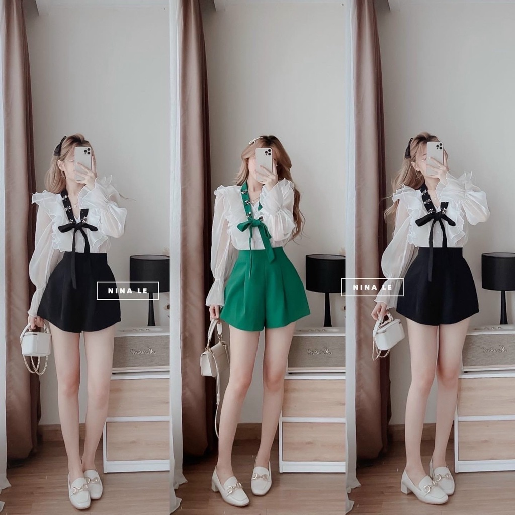 Set Đồ Nữ Xinh ⚡𝙎𝙄𝙀̂𝙐 𝙎𝘼𝙇𝙀⚡ Set Bộ Áo Bèo vay Tay Dài Dây Nơ in Họa Tiết Kèm Quần - 95261