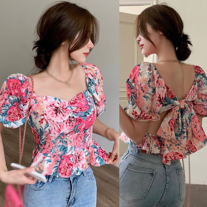 Áo Kiểu Tay Phồng Cổ Vuông Hở Lưng In Họa Tiết Ngọt Ngào Thời Trang Mùa Hè Cho Nữ