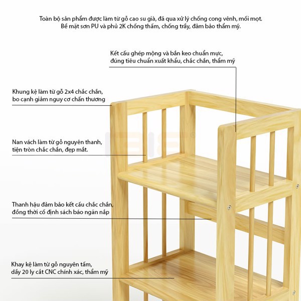 Kệ sách gỗ cao su tự nhiên 5 tầng rộng 40,50,65,80 cm