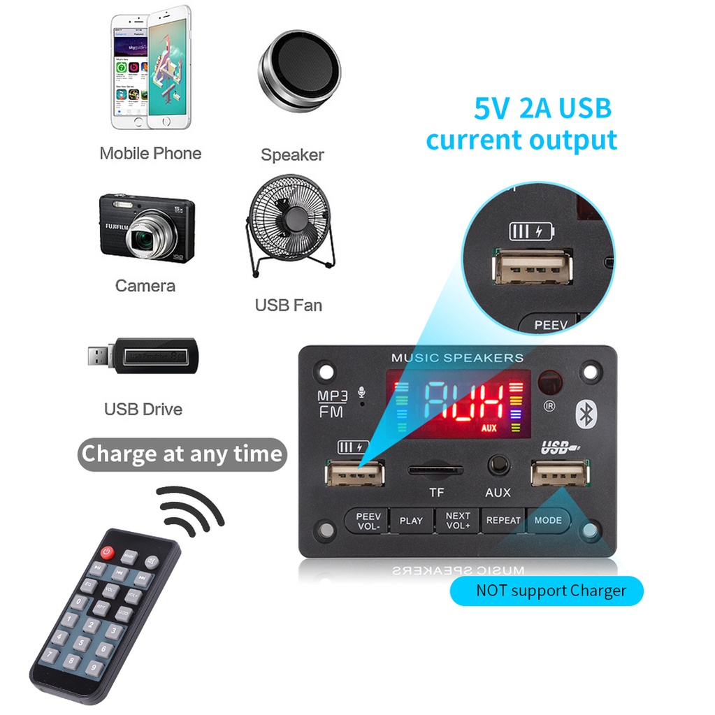 Bảng mạch giải mã khuếch đại âm thanh không dây bluetooth 5.0 MP3 WMA WAV DC 12/ 24V 2*40W dành cho xe hơi