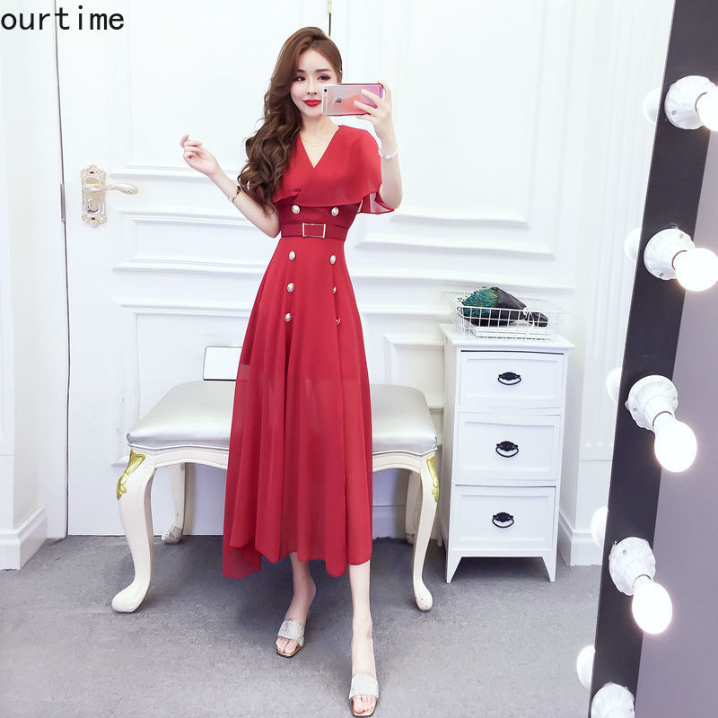 OT Đầm Maxi Vải Chiffon Cổ Chữ V Cài Nút Đôi Thời Trang Mùa Hè Cho Nữ