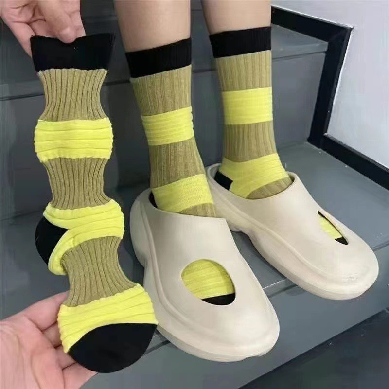 TL130 Tất vớ nữ cổ cao vớ đèn lồng cá tính len sọc