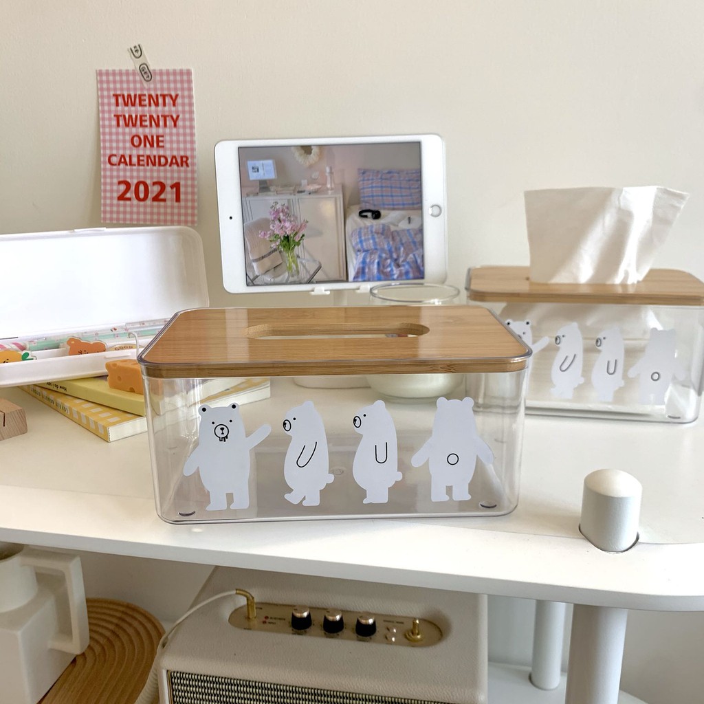 Hộp Đựng Khăn Giấy Hình Gấu Bắc Cực Trong Suốt Có Nắp Gỗ