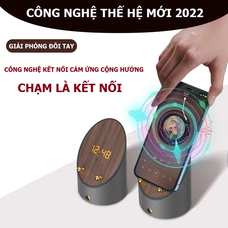 Loa cảm ứng cộng hưởng thông minh kèm sạc điện thoại, đồng hồ điện tử, báo thức, giá đỡ điện thoại