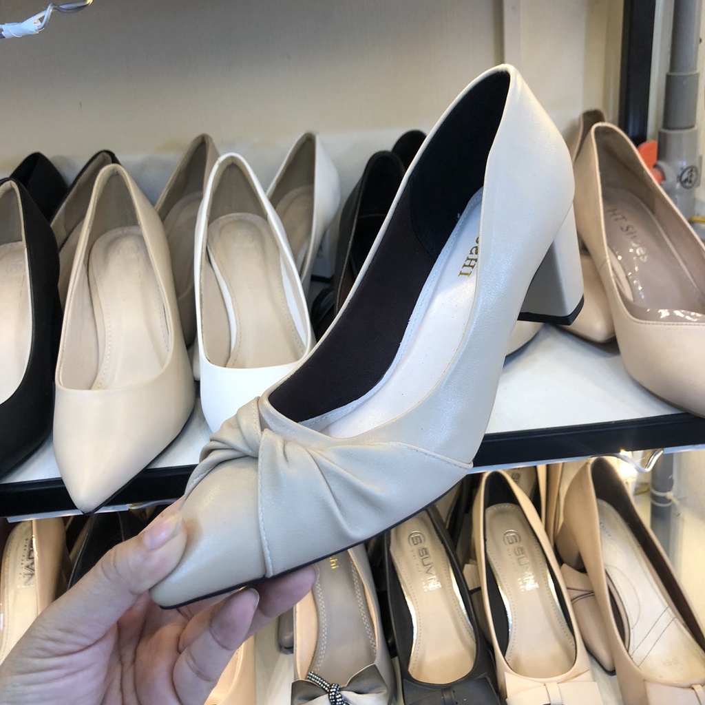 Giày cao Gót nữ 5p Đế vuông mũi nhọn thắt nơ công sở Da mềm cao cấp