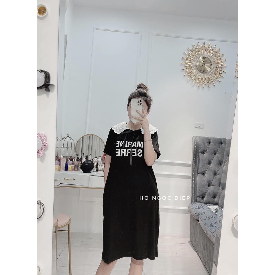 VÁY SUÔNG ĐEN IN CHỮ PHỐI CỔ REN TRẮNG | BigBuy360 - bigbuy360.vn