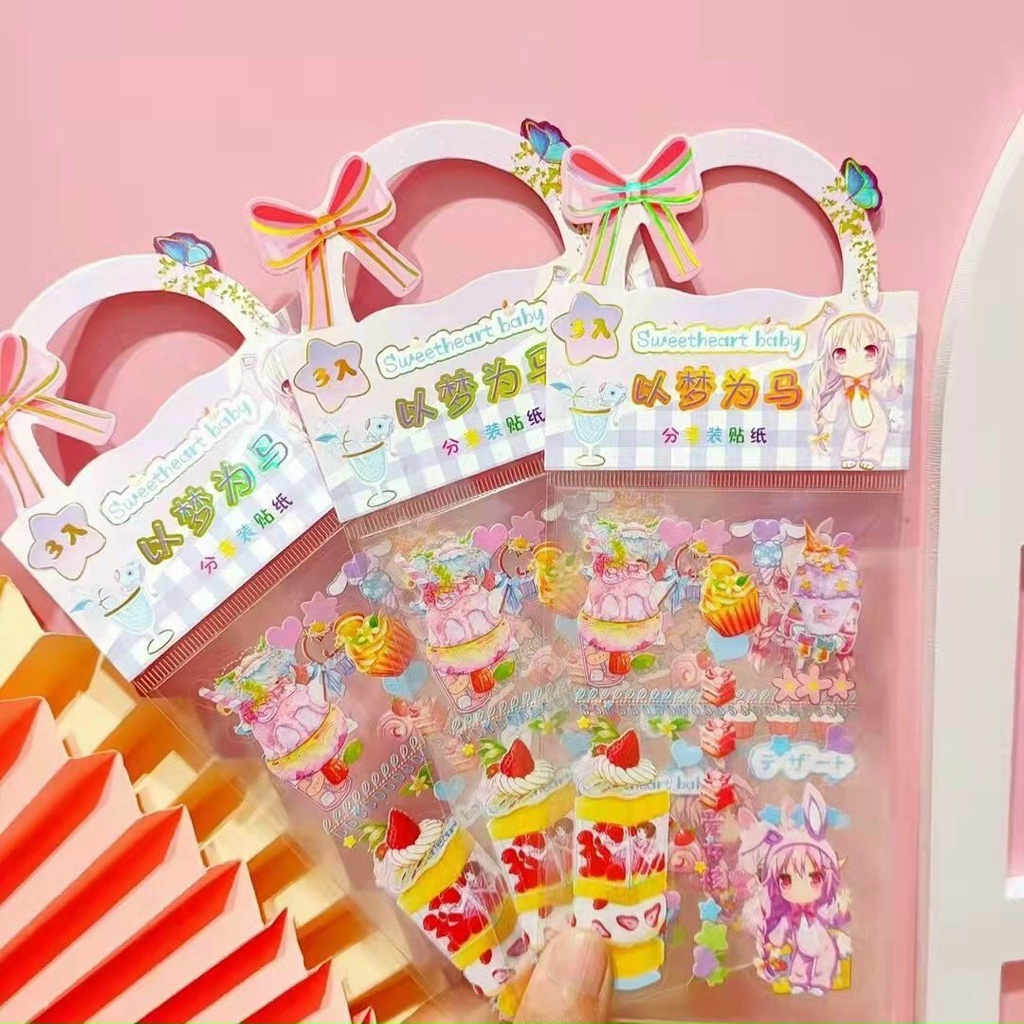 Set túi sticker quai 3 tấm cắt sẵn PET không thấm nước dễ thương nhiều chủ đề, trang trí bukao