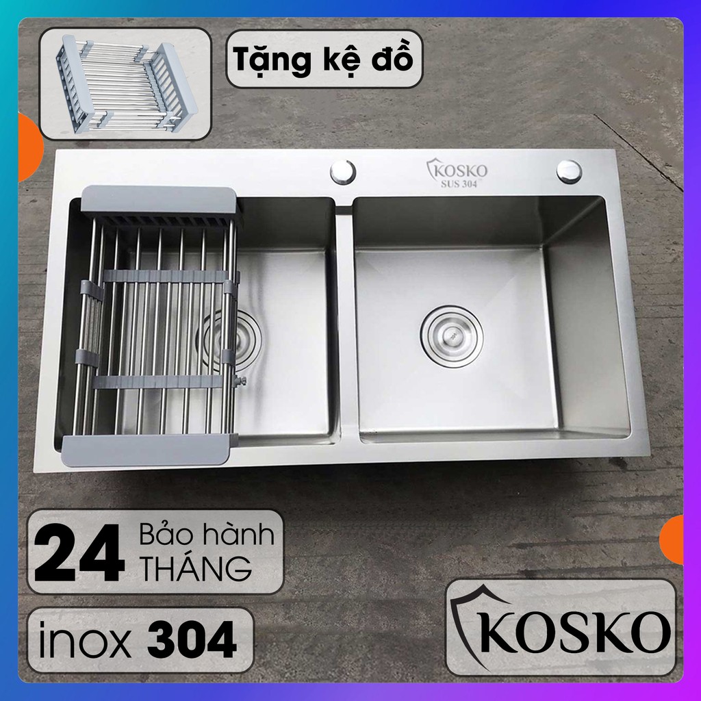 Chậu rửa bát inox 304 KOSKO Đúc nguyên khối 2 Hố Cân (Tặng Kệ Để Đồ Đa Năng + Bộ ống xả) Bảo hành 2 năm - 1 đổi 1