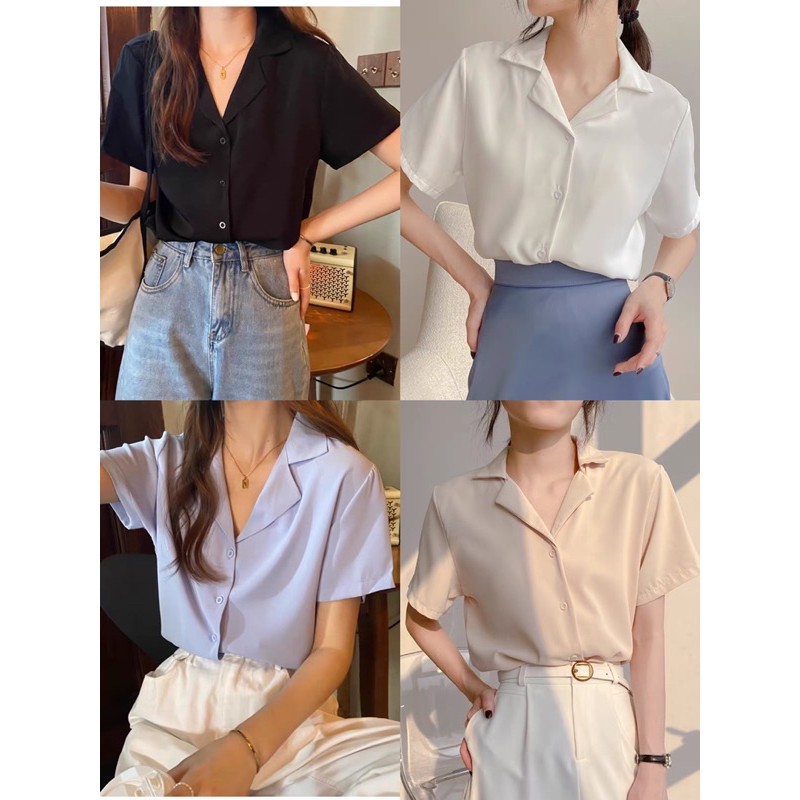 Sơ Mi Voan cộc tay cổ Vest - Hàng Quảng Châu, Ulzzang 2021 | BigBuy360 - bigbuy360.vn