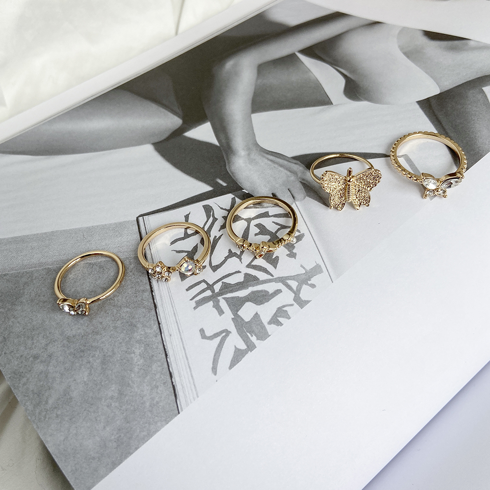 Gold Butterfly Crystal Fashion Ring Set Adjustable Elegant Jewelry for Women Accessories