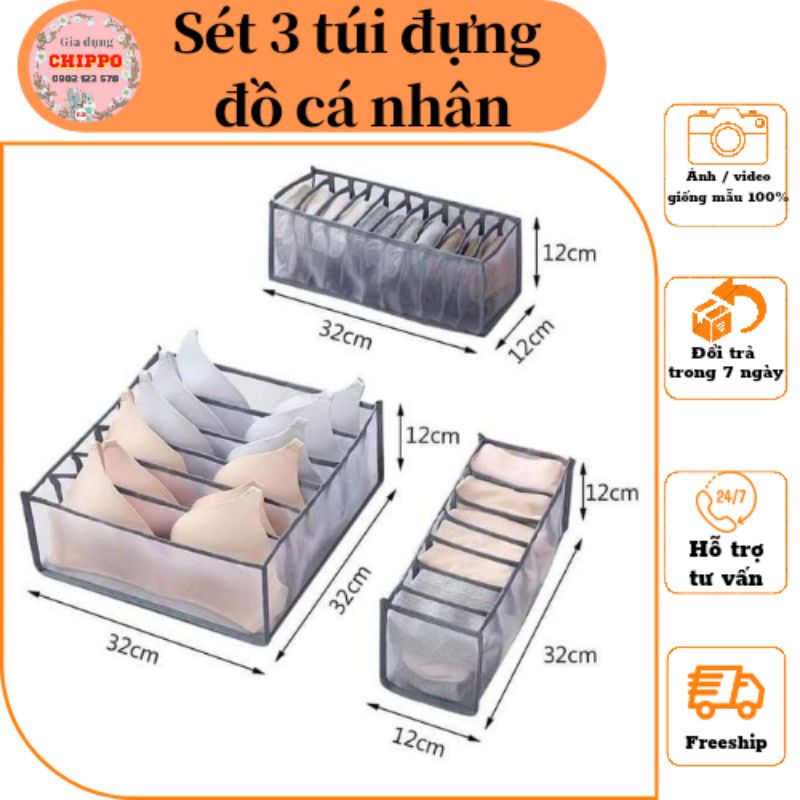 Set 3 Túi đựng quần áo chia ngăn , 3 Hộp xếp đồ lót tiện ích Khay xếp quần áo gọn gàng