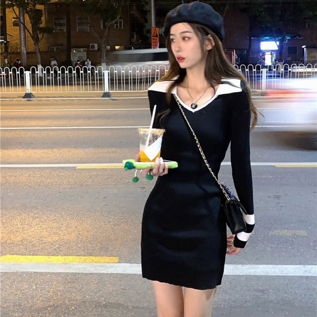 Đầm Dệt Kim Tay Dài Cổ Chữ V Màu Trơn Phong Cách Hàn Quốc Thời Trang Mới Cho Nữ