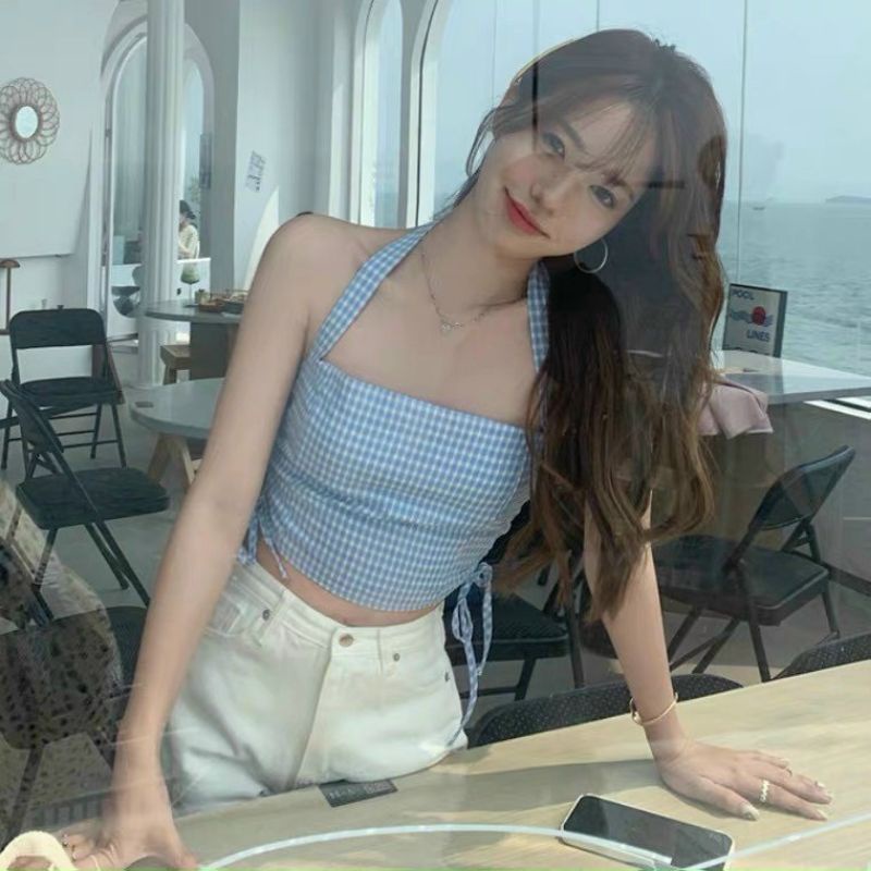 Áo Croptop MIRA.CLOSET Cổ Yếm Cột Nơ Rút Dây 2 Bên Hoạ Tiết Caro A5256