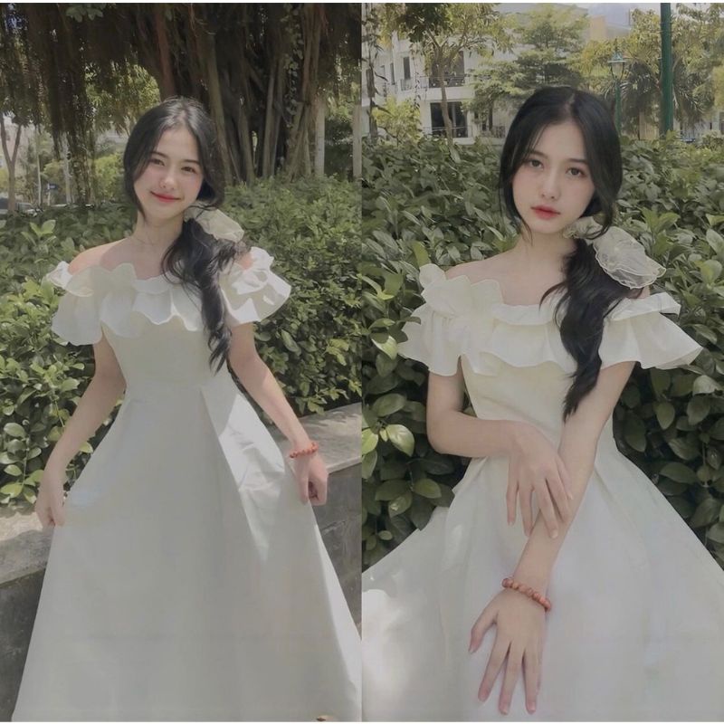 Đầm trắng trễ vai dáng xoè công chúa - Đầm trễ vai siêu xinh