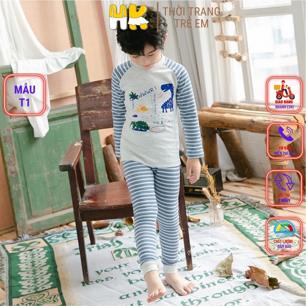 Bộ dài tay cho bé trai HK KIDS, chất COTTON dày dặn co giãn, giữ ấm giữ nhiệt tốt cho bé từ 2 đến 10 tuổi