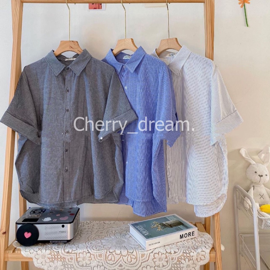 Áo sơ mi nữ form rộng kẻ ngắn tay có cài cúc trước và sau dáng ulzzang vintage hàn quốc