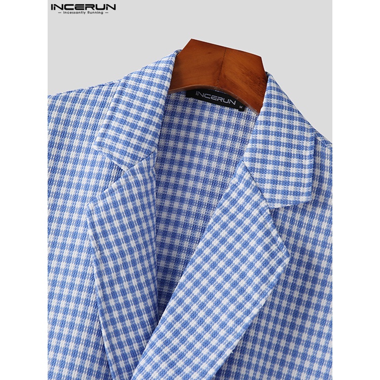 Áo sơ mi INCERUN dáng rộng cổ bẻ kẻ sọc caro thời trang cho nam