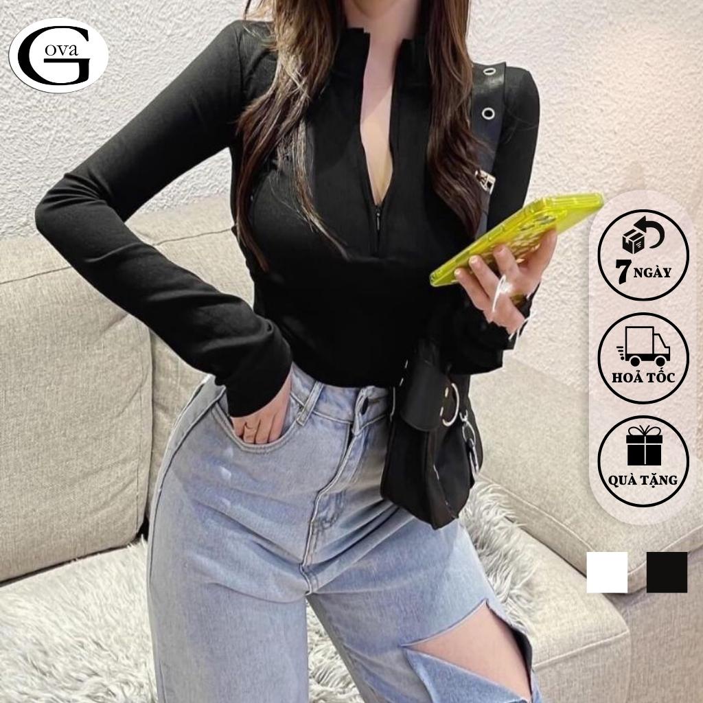 Áo Croptop cổ cao dây kéo Hot Chất Thun Ôm Mềm Mát, Áo tay dài ôm body hot trend sexy Gova