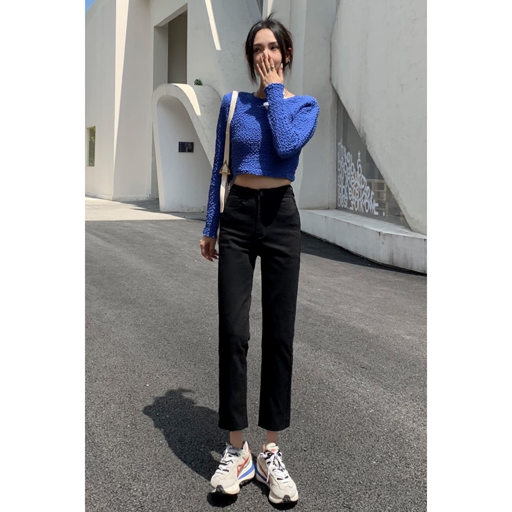 Quần jeans ống đứng quần bò jean ống suông jean nữ cạp cao ống rộng co dãn 4 chiều
