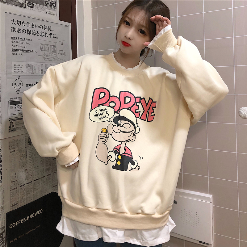 Áo sweater vải nhung dáng rộng cổ tròn có in họa tiết phong cách Hàn Quốc cho nữ