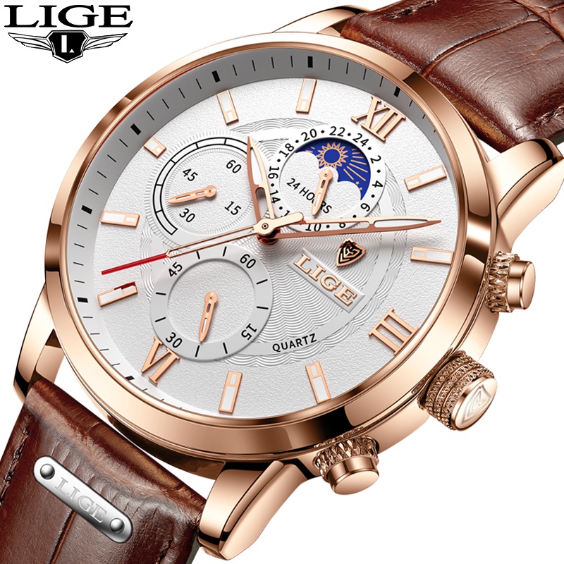 LIGE Top Luxury Brand Fashion Leather Waterproof Quartz Men's Watch