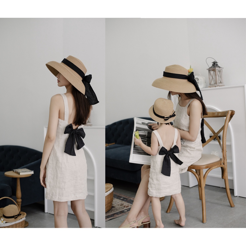Đầm mẹ và bé linen nơ đen - BD220427
