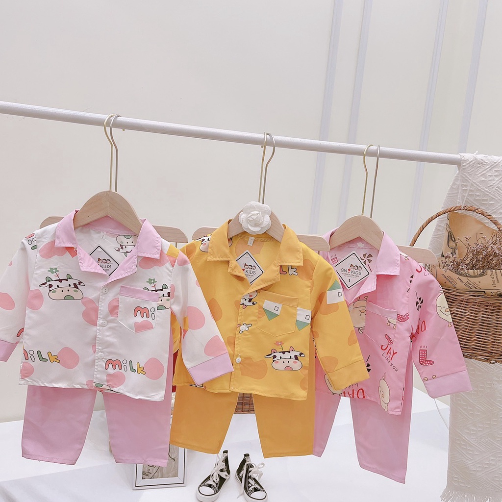 Bộ Ngủ Pijama Dài Tay Bé Gái Chất Kate, Mềm Mại , Cực Đẹp Cho Bé, Bộ Dài Tay Bé Mặc Nhà Hình Bò Sữa Nhí