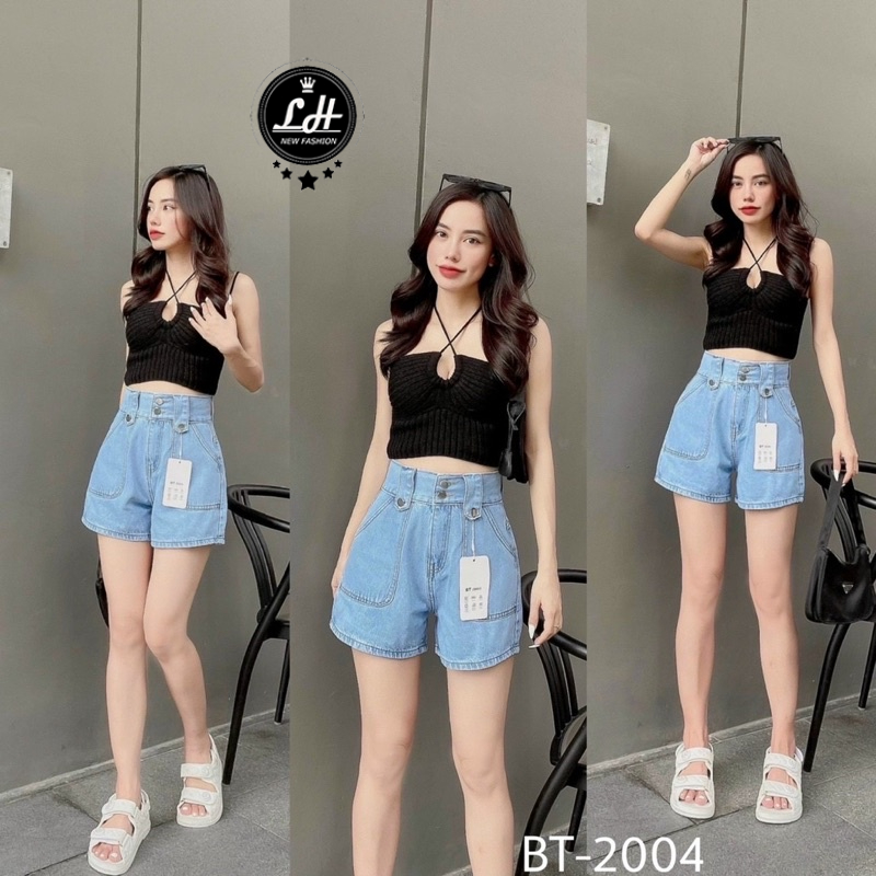 Quần short jean nữ cạp cao kiểu túi đắp vuông Lê Huy Fashion MS 130