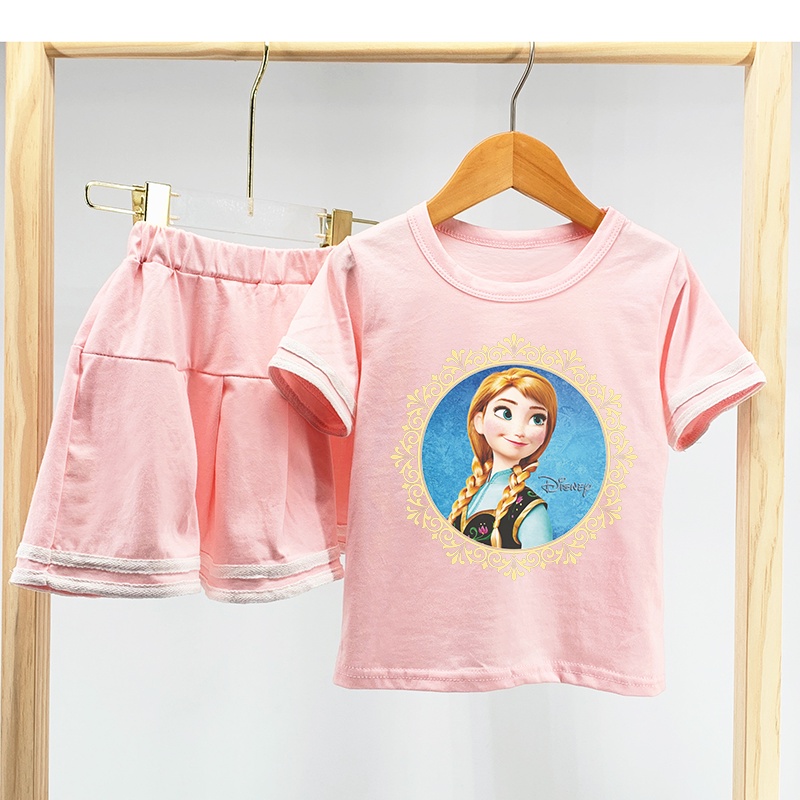 Bộ Áo Thun Tay Ngắn In Hình Công Chúa Elsa Anna Năm 2021 + Chân Váy Xếp Ly Cho Bé Gái (2-8 Tuổi)