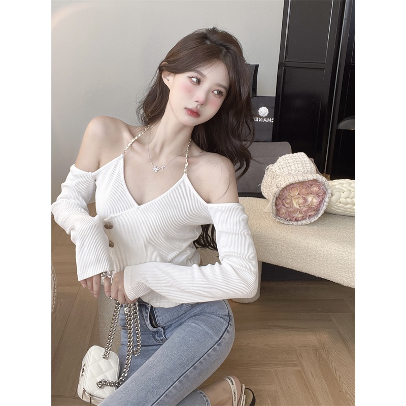 Porozi Áo nữ dệt kim  tay dài cổ V hở vai gợi cảm thời trang Hàn Quốc