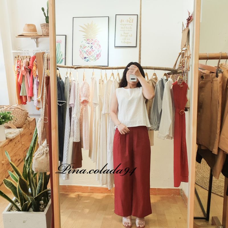 Áo linen đắp chéo lưng phối nút gỗ