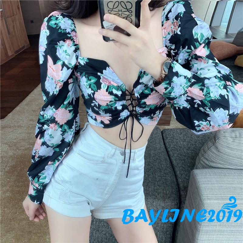 Áo Croptop Tay Phồng In Họa Tiết Hoa Quyến Rũ Dành Cho Nữ