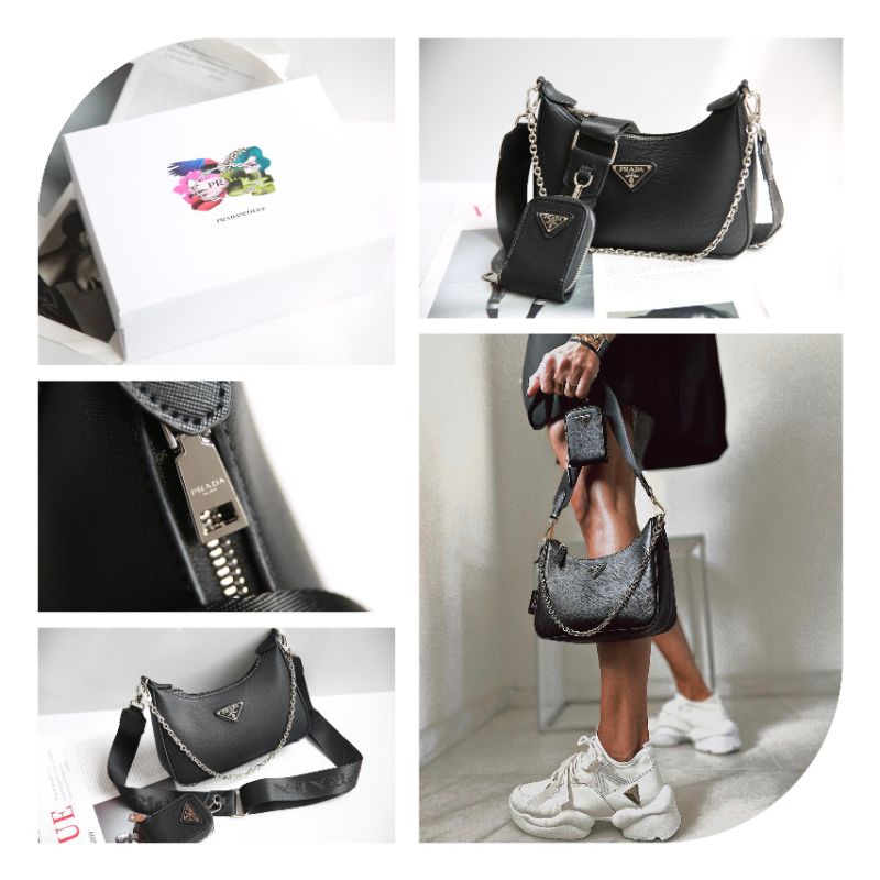 Túi chéo nữ Pra.da da xước sz25cm kèm quai đeo bản to+dây xích+ví nhỏ fullbox