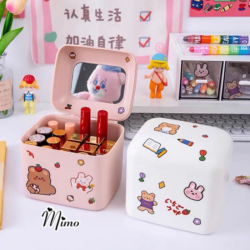 Hộp đựng son 20 ô kiểu Hàn có gương soi, hộp đựng đa năng kèm sticker để bàn xinh xắn 4 màu rất đáng yêu