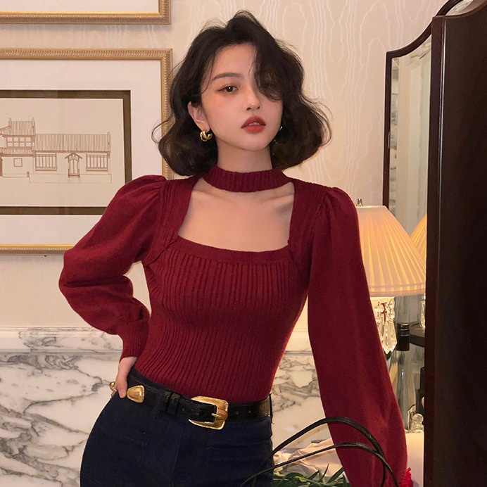 SUXI Áo dài tay khoét ngực cổ vuông thiết kế mới thời trang phong cách Hàn quốc cho nữ