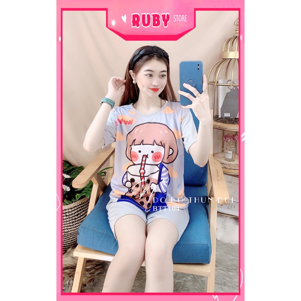 Đồ bộ nữ mặc nhà chất thun mềm mịn mát in hình bé Trà sữa hoạt hình dễ thương Bộ thun đùi BTT104