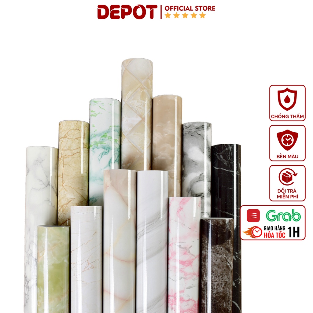 Giấy dán tường vân đá DEPOT, decal dán bếp, tủ bếp 3D chịu nhiệt chống nước chống dầu mỡ dễ dàng lau chùi