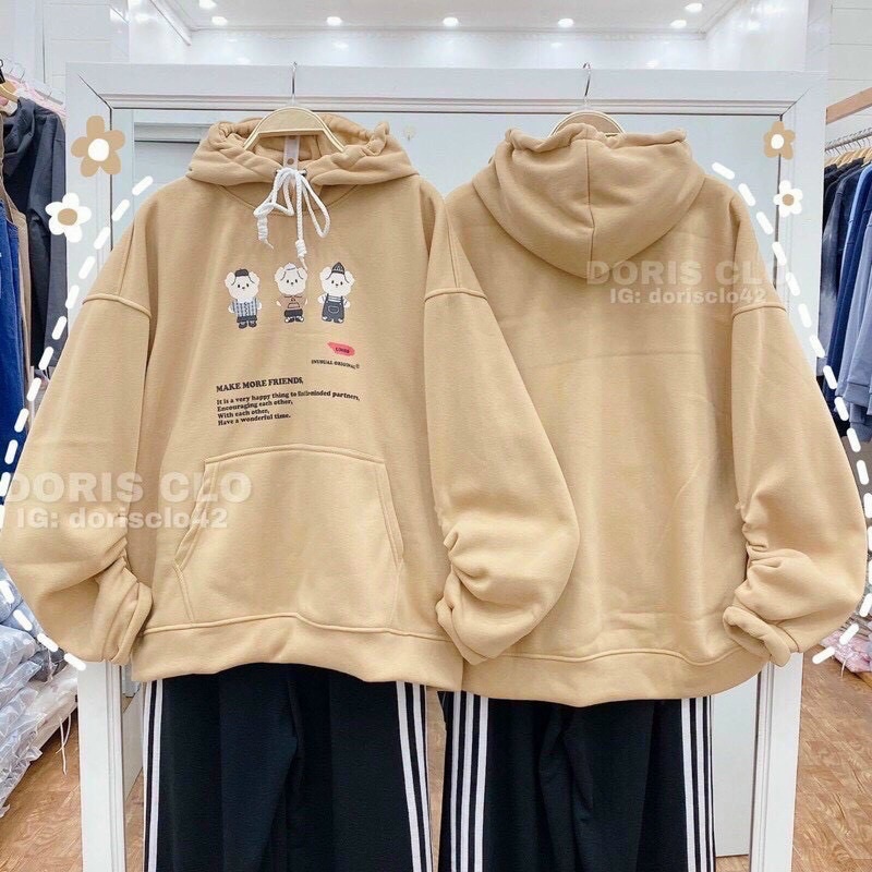 Áo hoodie unisex form rộng tay phồng freesize, vải nỉ ngoại dày dặn nón 2 lớp in 3 chú gấu