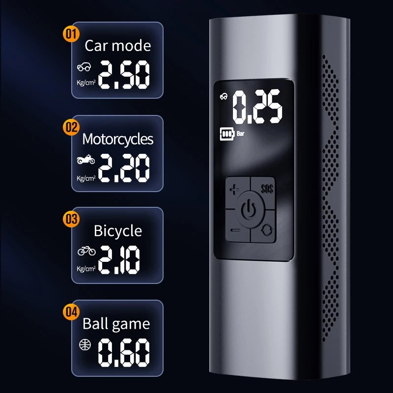 Bơm Lốp Ô Tô Xe Máy Thông Minh Đồng Hồ Điện Tử Mini Sạc Pin, Cắm Điện Nhỏ Gọn