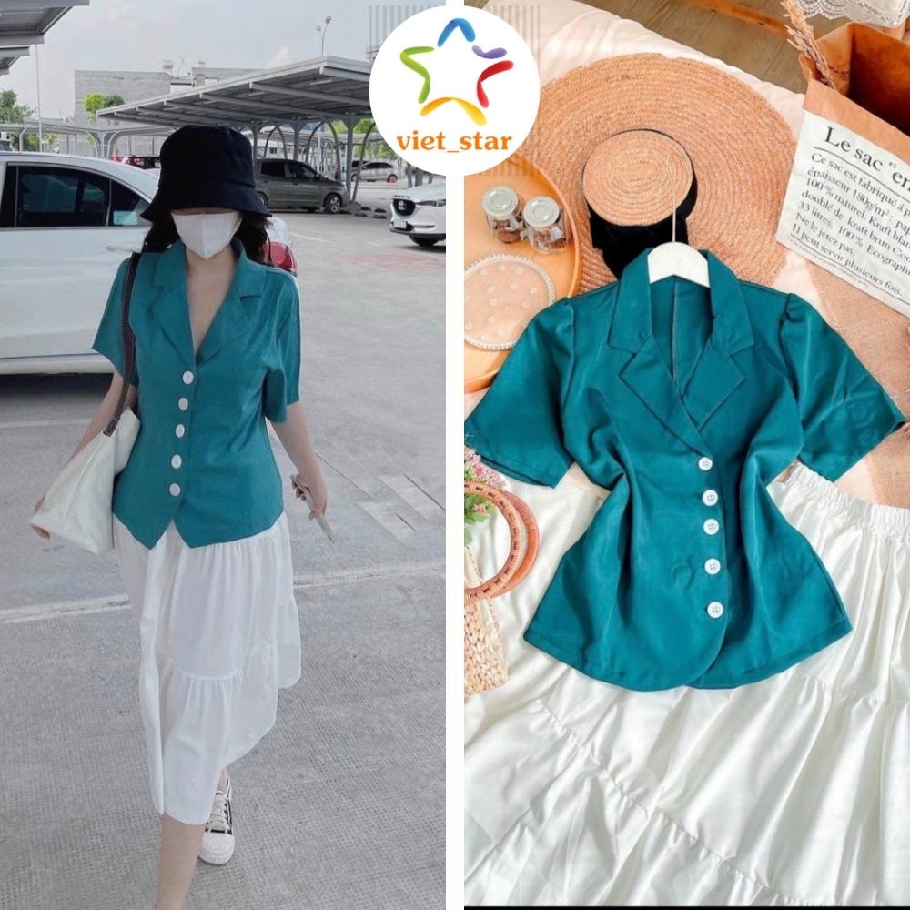 Set Chân Váy Áo Vest Xanh Cộc Tay Nữ, Bộ Đồ Áo Lazer Đầm 2 Tầng Vintage Dễ Thương - VIETSTAR