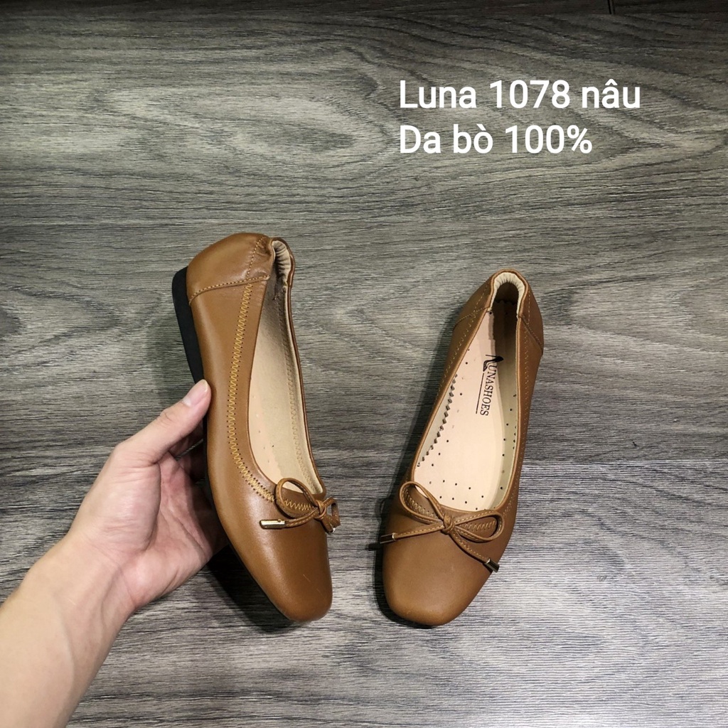 Giày mũi vuông đế bệt da bò thật LUNASHOES 1078 bảo hành 2 năm 1 đổi 1 giầy đế bằng nữ đi êm chân dễ phối đồ hàng vnxk