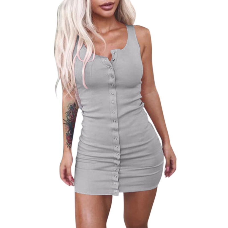 Xiangbao Đầm Mini Cổ Chữ V Không Tay Cài Nút Thời Trang Mùa Hè Dự Tiệc Cho Nữ