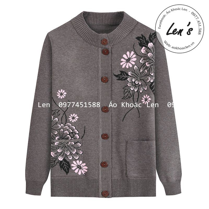 Áo Khoác Len Trung Niên Và Lớn Tuổi Cổ Tròn Hoa Tròn