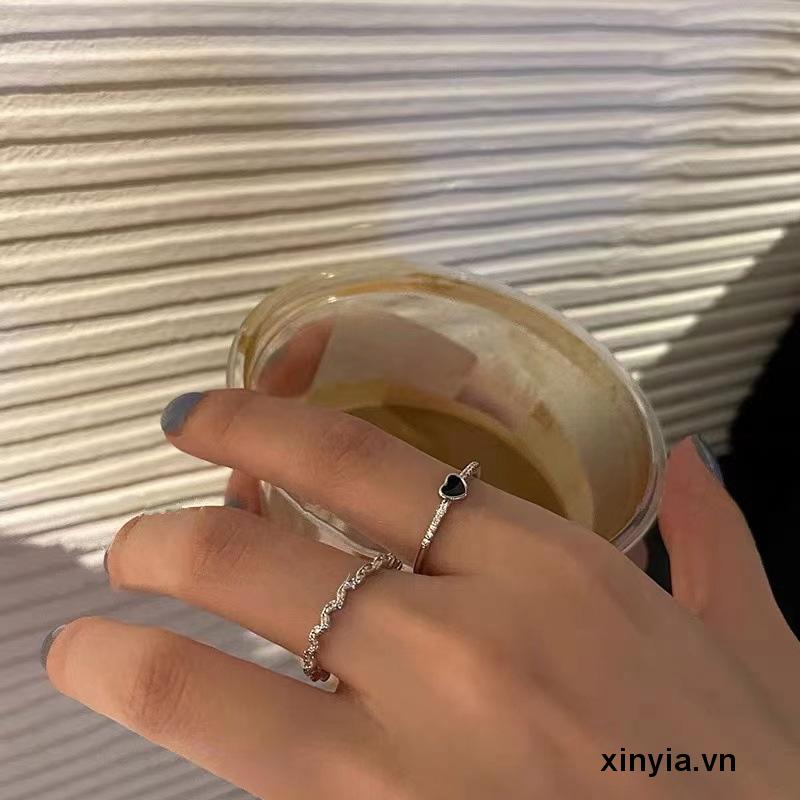 Set 2 nhẫn màu đen hình trái tim mạ bạc gợn sóng tùy chỉnh phù hợp làm quà tặng cho nữ đi tiệc