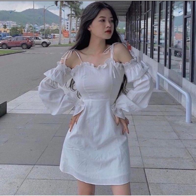 Đầm trắng bẹt vai 2 dây tay bo siêu hot