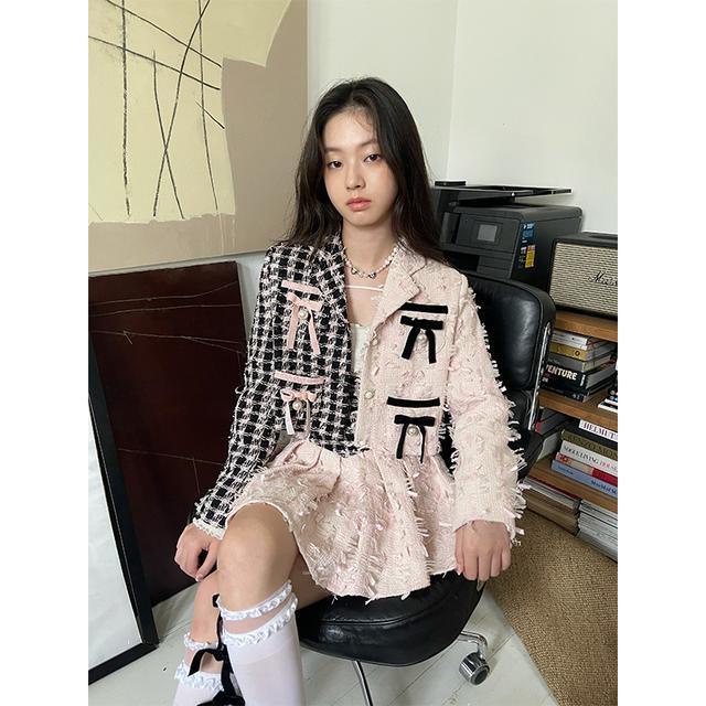 One Set Áo Sơ Mi Đen Đính Nơ Phối Chân Váy Thời Trang Cho Nữ