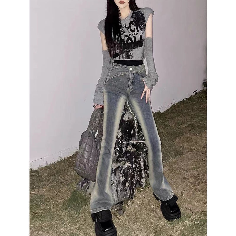 1W BLACK micro-horn jeans for women 2022 new design oblique waist slimming wide leg straight long pants 7SD1