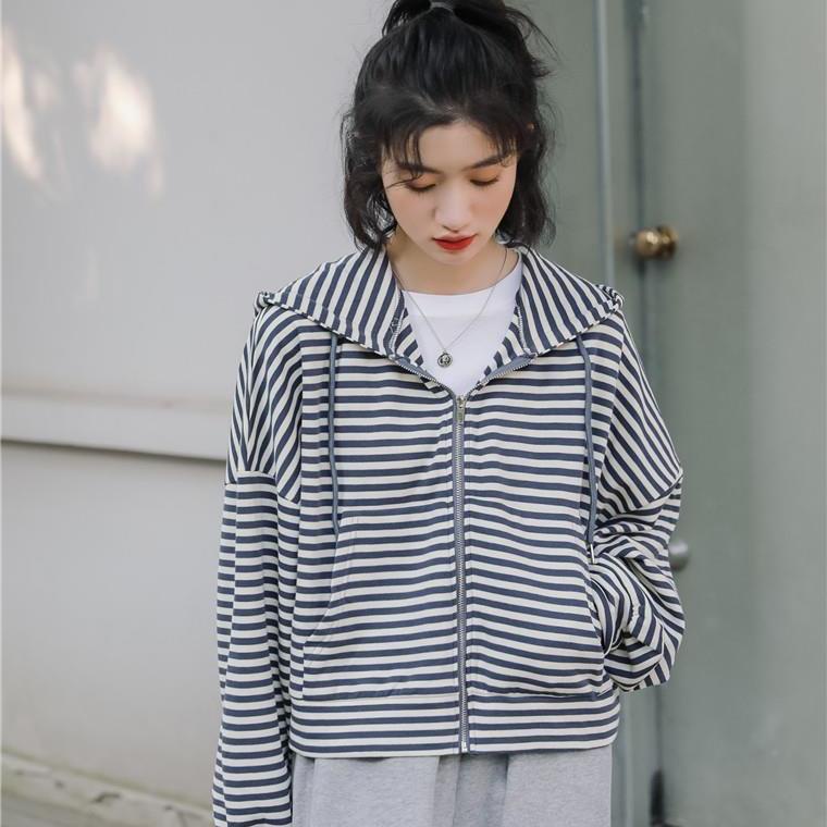 Áo Khoác Cardigan Có Khóa Kéo Dáng Rộng Họa Tiết Kẻ Sọc Mỏng Thời Trang Mới Cho Nữ